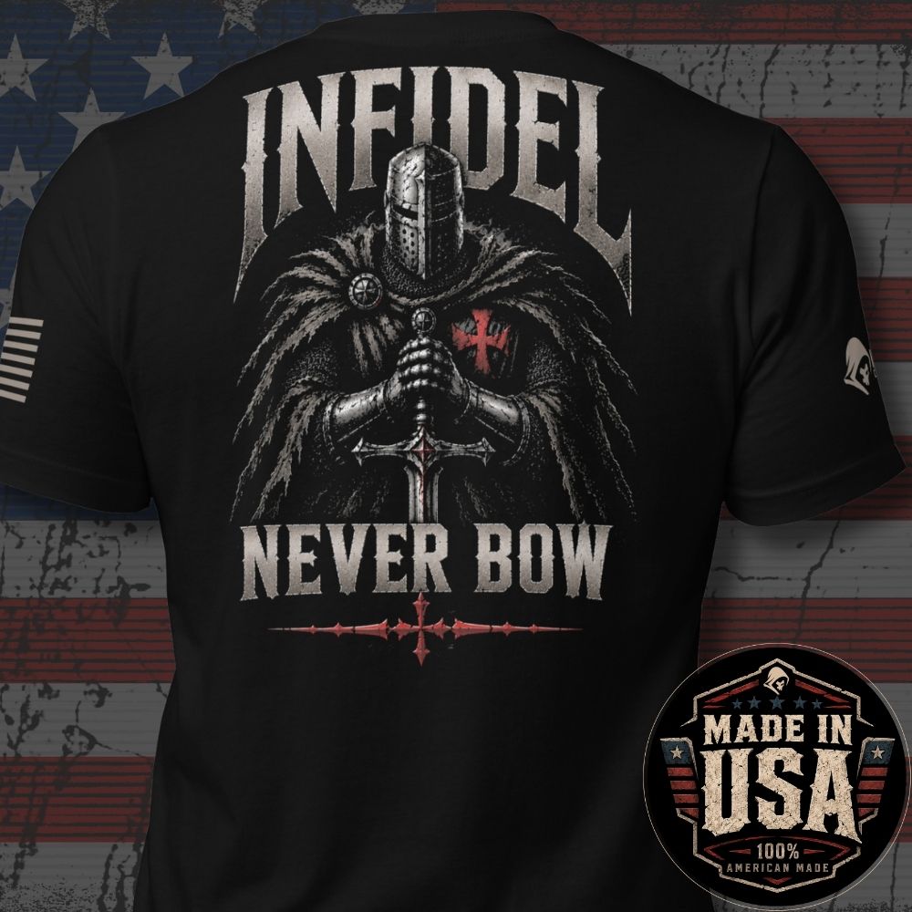 USA Made Knight of Infidel Never Bow Back Print Tee
