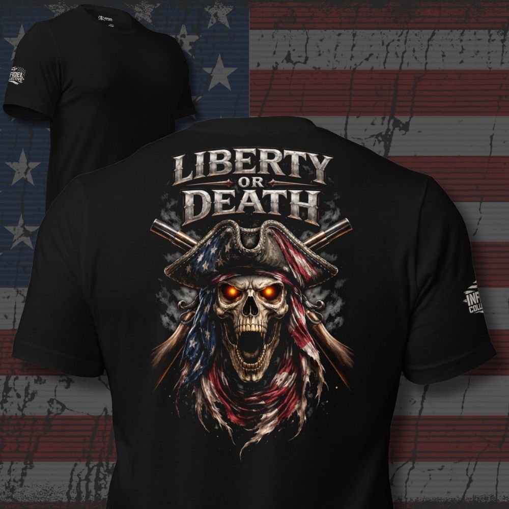 Black t-shirt with 'Liberty or Death' graphic design on a distressed American flag background
