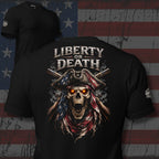 Black t-shirt with 'Liberty or Death' graphic design on a distressed American flag background