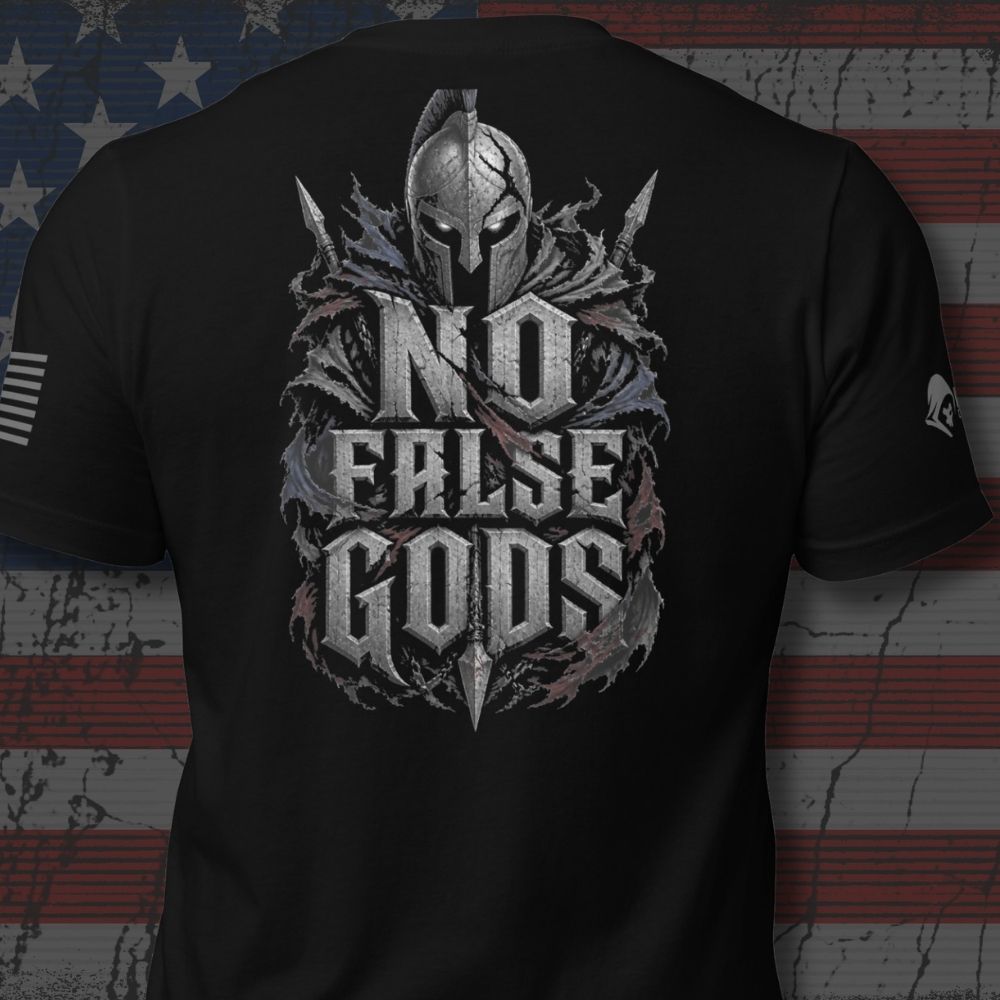 Infidel Collective black tee with Spartan helmet, thorned crest, and “NO FALSE GODS” back print