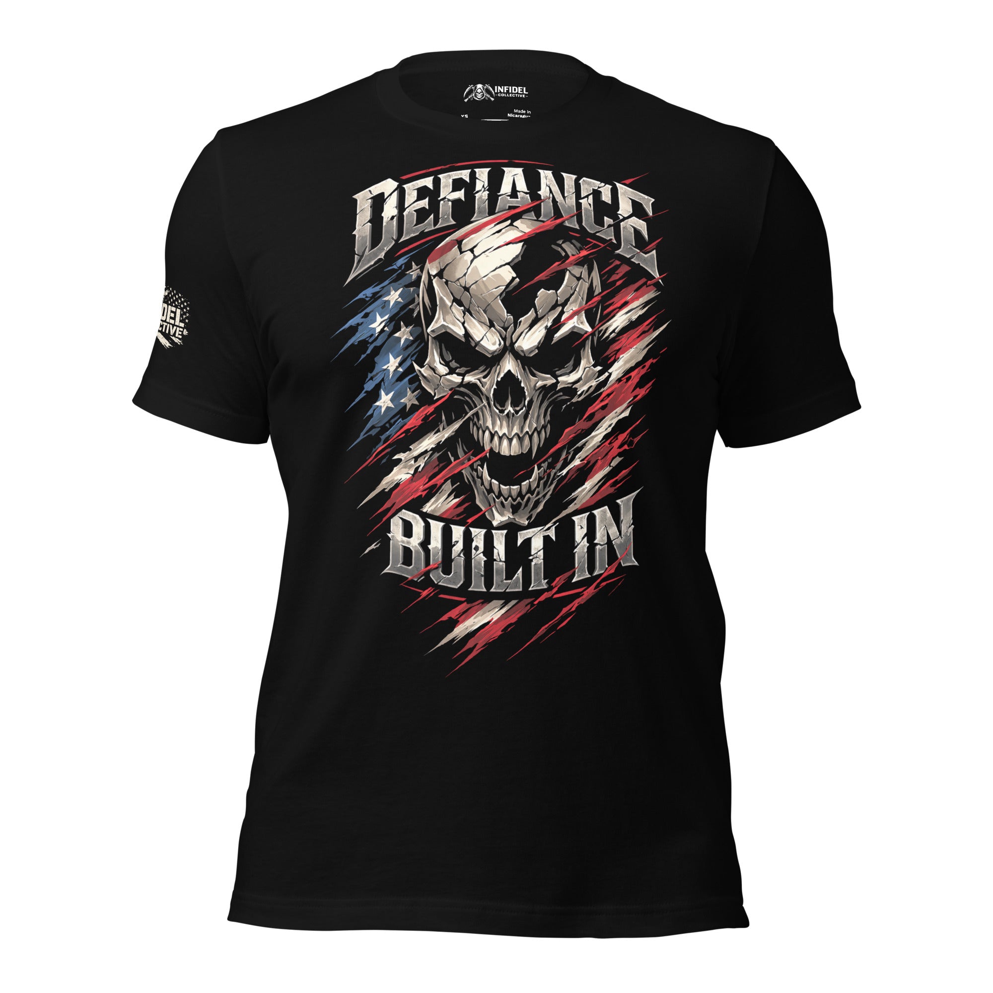 Black t-shirt with skull and flag design on a white background