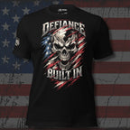 Black t-shirt with skull design and 'Defiance Built In' text on an American flag background