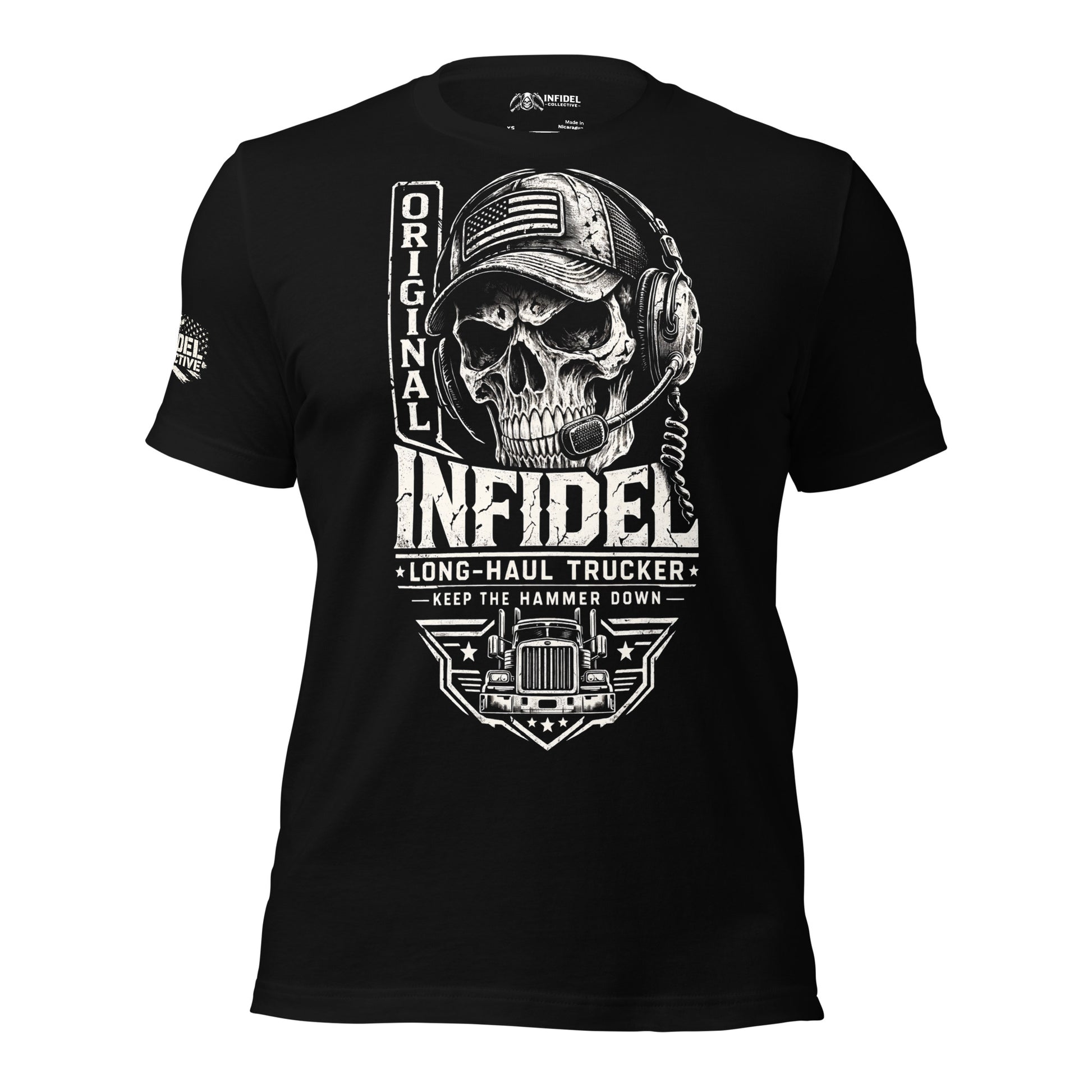 Black t-shirt with a skull graphic and text on a white background