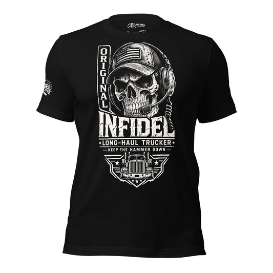 Black t-shirt with a skull graphic and text on a white background
