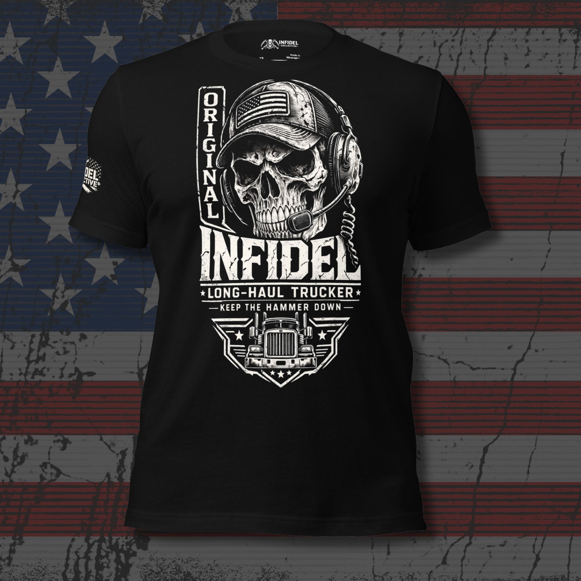Black t-shirt with skull graphic and text on an American flag background