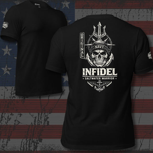 Black t-shirt with skull design and text on a distressed American flag background