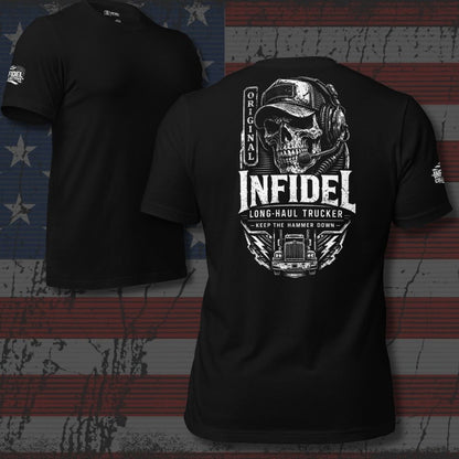 Black t-shirt with skull and truck design on an American flag background