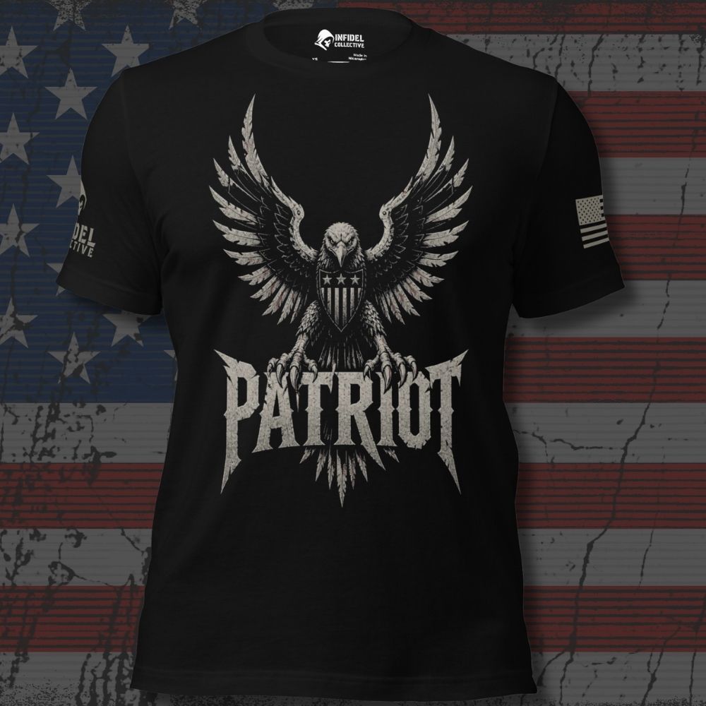 A black short-sleeve graphic T-shirt featuring a large distressed eagle with spread wings and the word "PATRIOT" in bold lettering below. USA American flag on the left sleeve and brand logo 'INFIDEL COLLECTIVE' on the right sleeve. The shirt is shown against a rustic American flag background.