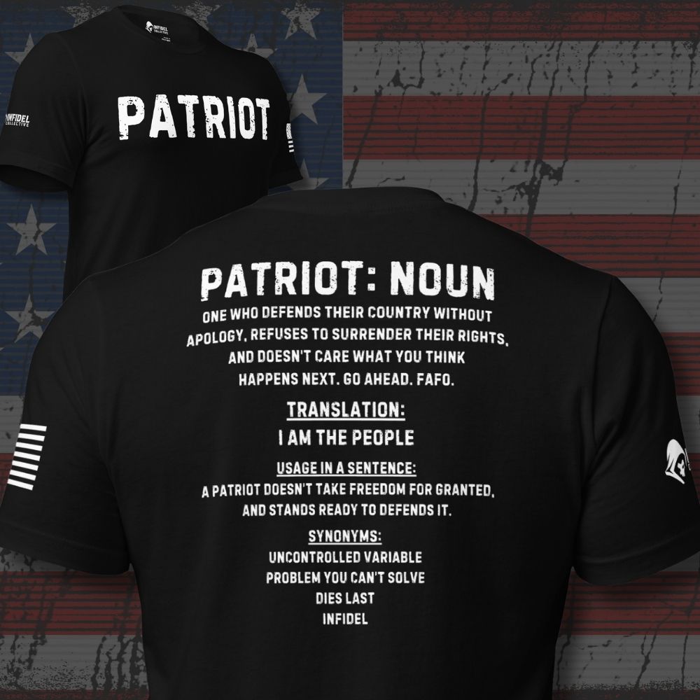 Black short-sleeve graphic T-shirt shown from the back with a second view of the front chest print. The shirt features large white 'PATRIOT: NOUN' text and a detailed dictionary-style definition printed on the back, with a distressed American flag background behind the shirt.