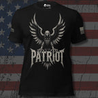 Infidel Collective black tee with spread-wing eagle, American flag shield, and large “PATRIOT” front graphic