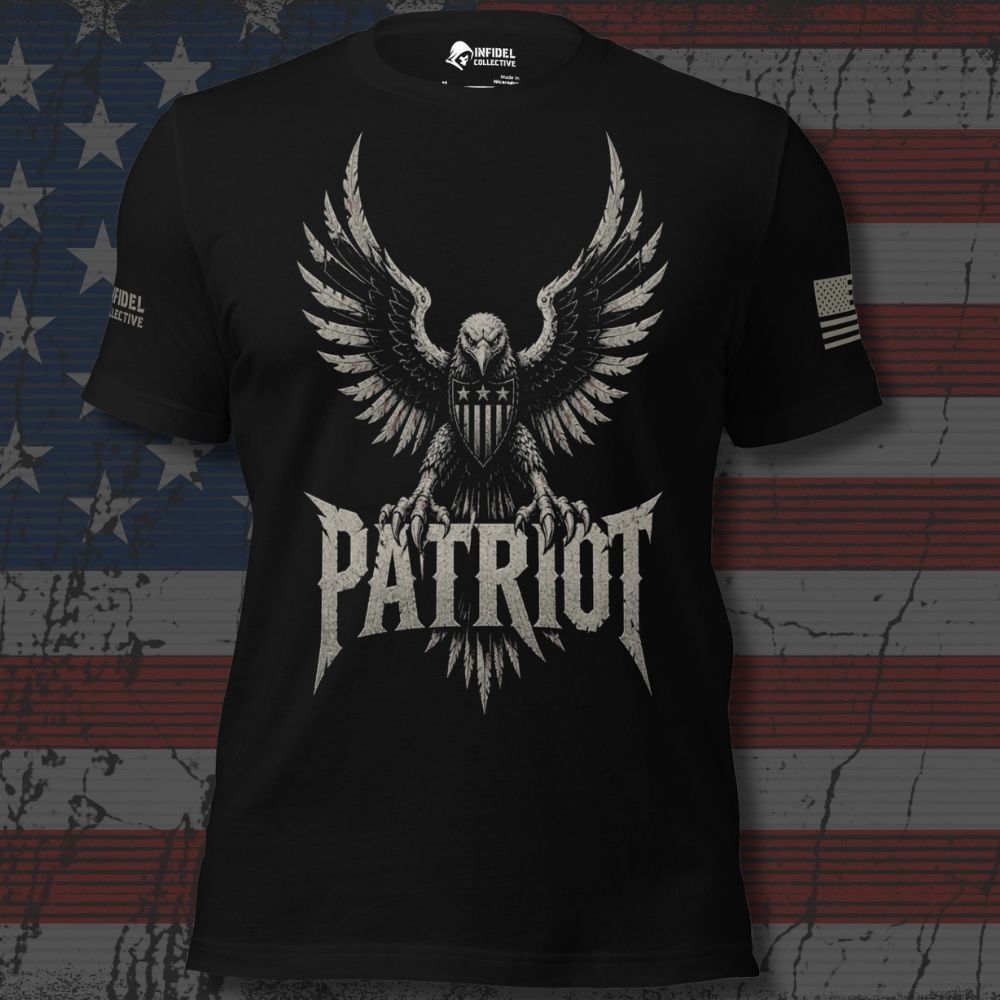 Infidel Collective black tee with spread-wing eagle, American flag shield, and large “PATRIOT” front graphic