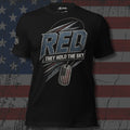 RED Remember Everyone Deployed lettering with dog tags and They Hold the Sky text front print black tee from Infidel Collective