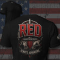 RED Remember Everyone Deployed crest with service silhouettes shield and Always Advancing text back print black tee from Infidel Collective