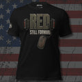 RED Remember Everyone Deployed lettering with scrolls dog tags and Still Forward text front print black tee from Infidel Collective