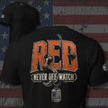 RED Remember Everyone Deployed lettering with anchor rope and Never Off Watch text back print black tee from Infidel Collective