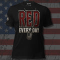 RED Remember Everyone Deployed lettering with flag dog tags and Every Day text front print black tee from Infidel Collective