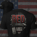 RED Marines crest with arrow dog tags and Always Forward text back print black tee from Infidel Collective