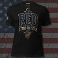 RED Navy lettering over anchor and American flag dog tags with Stand the Watch text front print black tee from Infidel Collective
