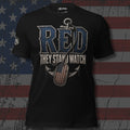 RED Navy lettering with anchor flag dog tags and They Stand Watch text front print black tee from Infidel Collective