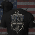 RED Navy lettering over anchor and flag dog tags with They Stand Watch text back print black tee from Infidel Collective