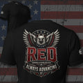 RED Remember Everyone Deployed eagle crest back print black tee from Infidel Collective