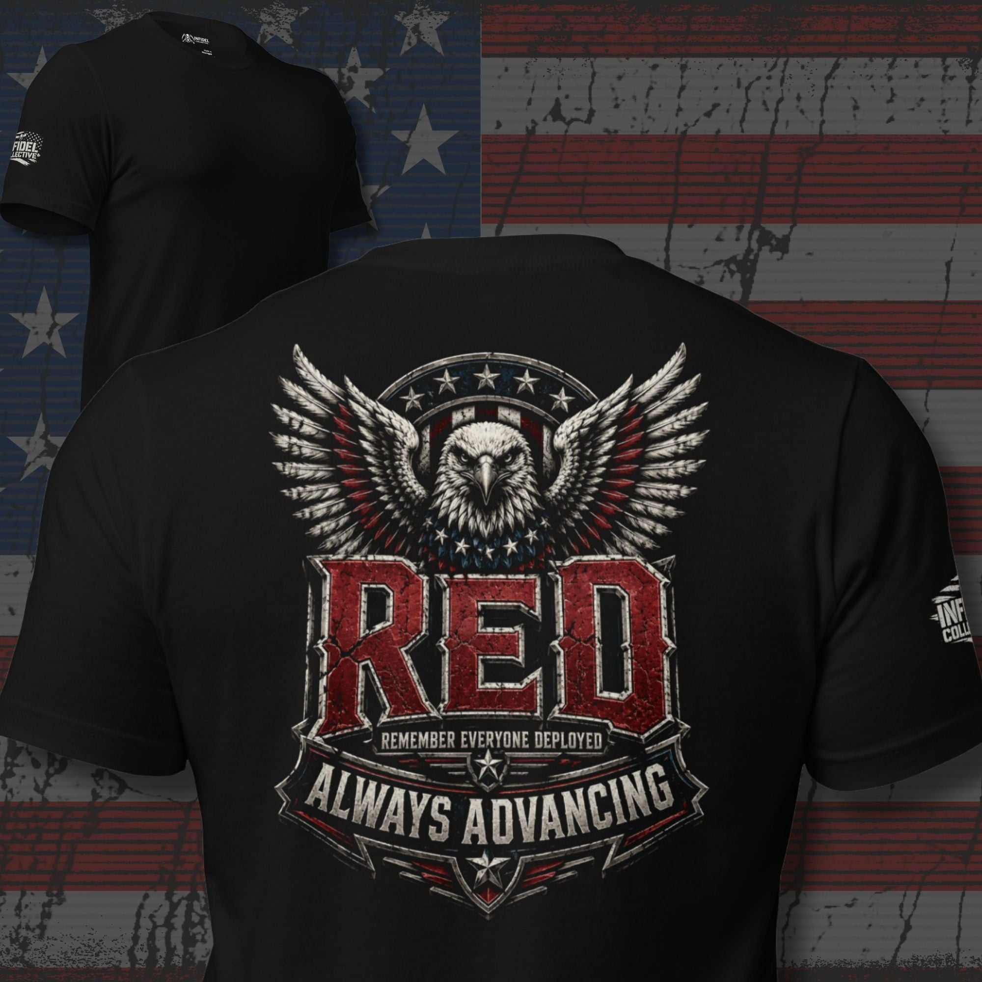 RED Remember Everyone Deployed back print black tee from Infidel Collective