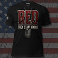 RED lettering with hanging flag dog tags and They Stand Watch text front print black tee from Infidel Collective