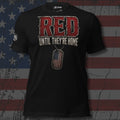 RED lettering with American flag dog tags and Until They're Home text front print black tee from Infidel Collective