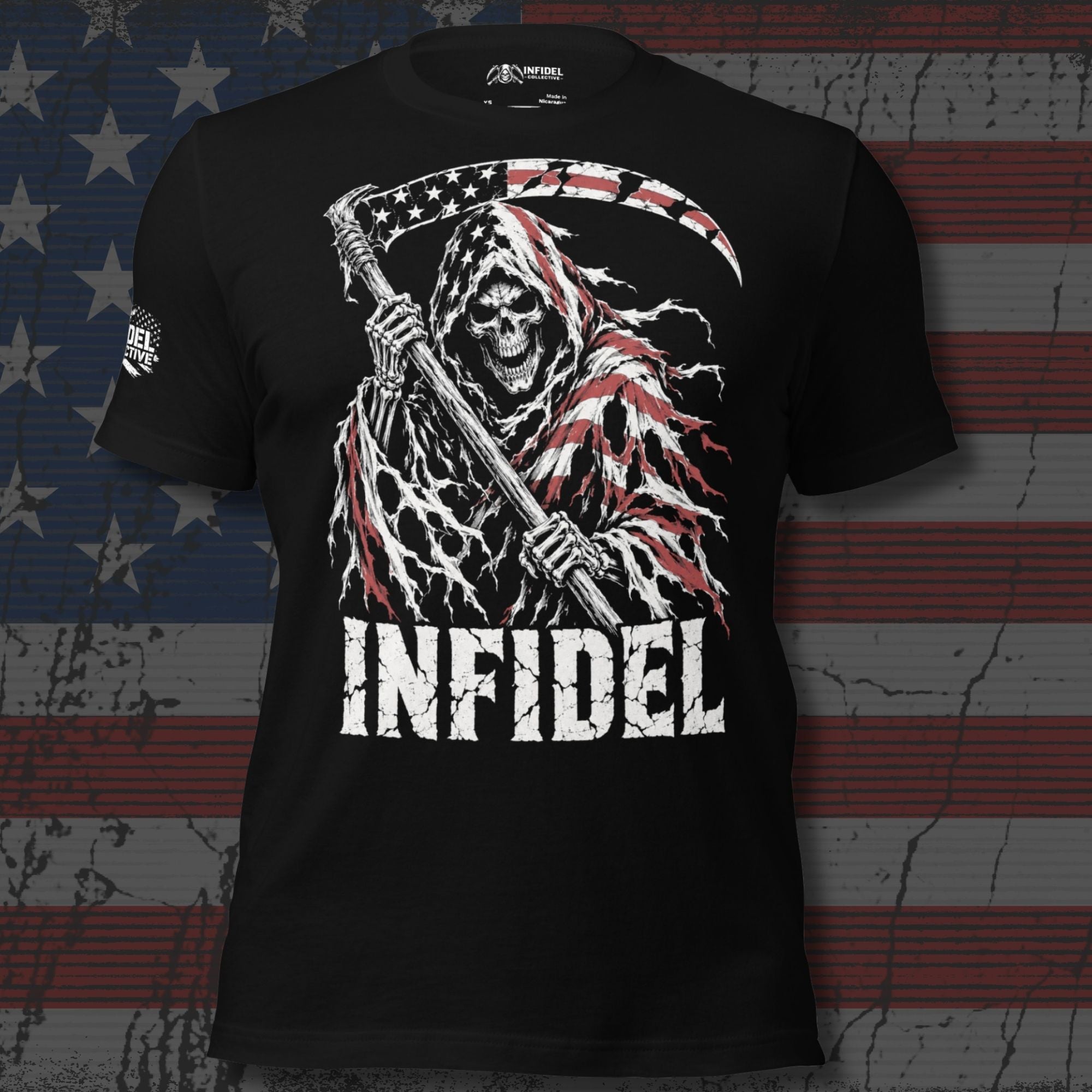 Infidel Flag Reaper graphic black tee from Infidel Collective