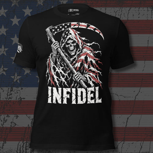 Infidel reaper in torn American flag cloak with scythe front print black tee from Infidel Collective