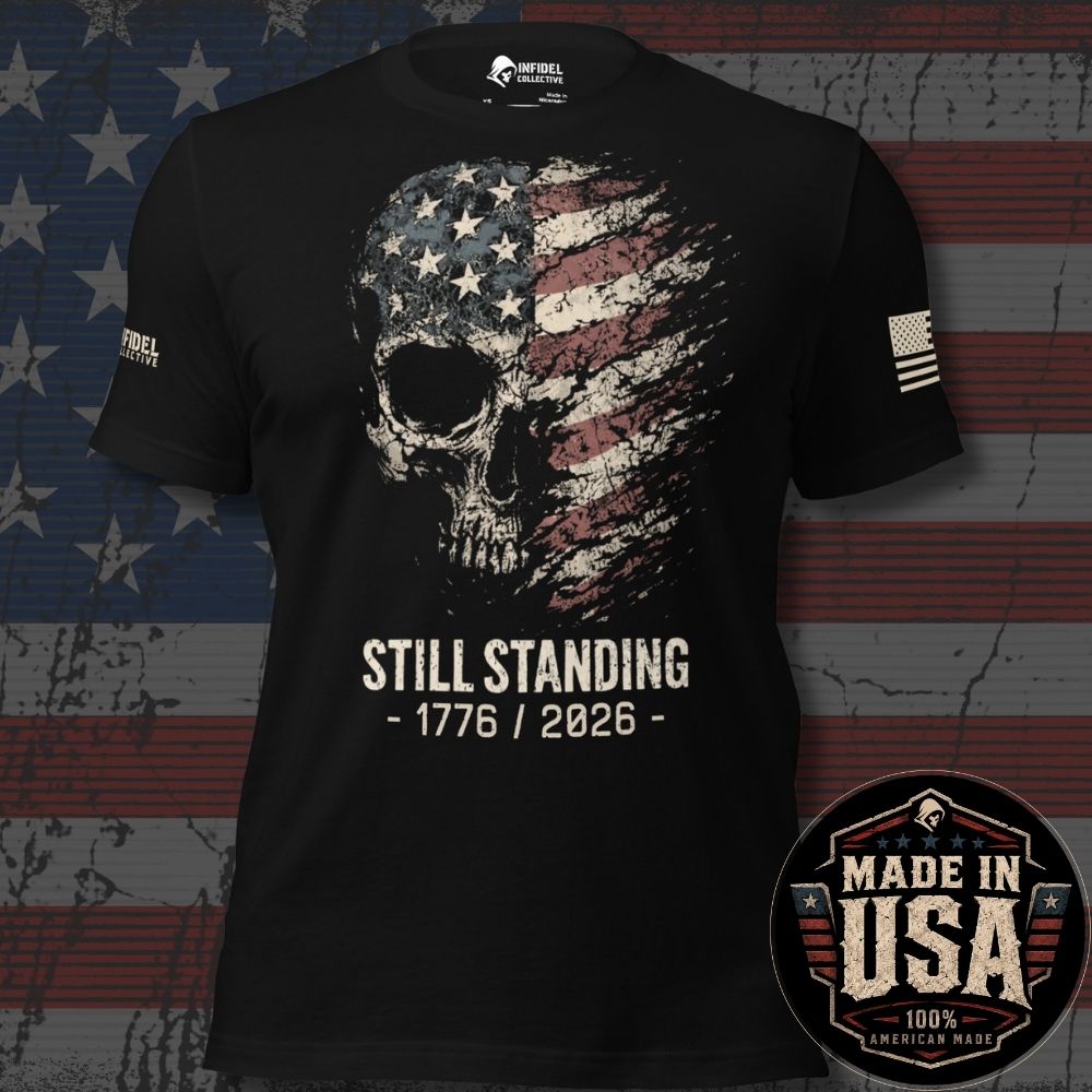 USA Made Still Standing 1776 American Flag Skull Tee