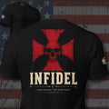 Infidel skull and red iron cross with I Have Fought the Good Fight scripture design back print black tee from Infidel Collective