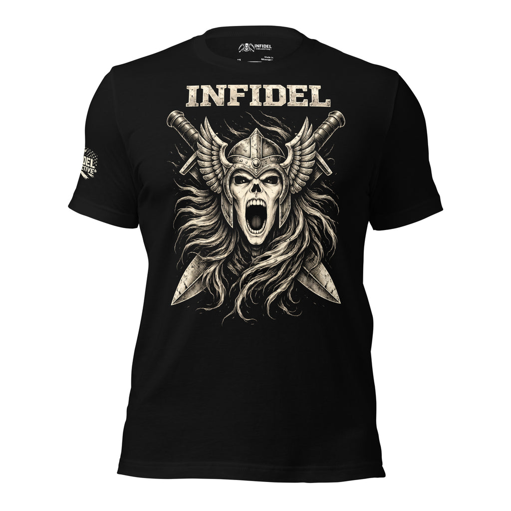 Black t-shirt with a graphic design of a skull wearing a helmet with swords and the word 'Infidel' on a white background.