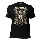 Black t-shirt with a graphic design of a skull wearing a helmet with swords and the word 'Infidel' on a white background.