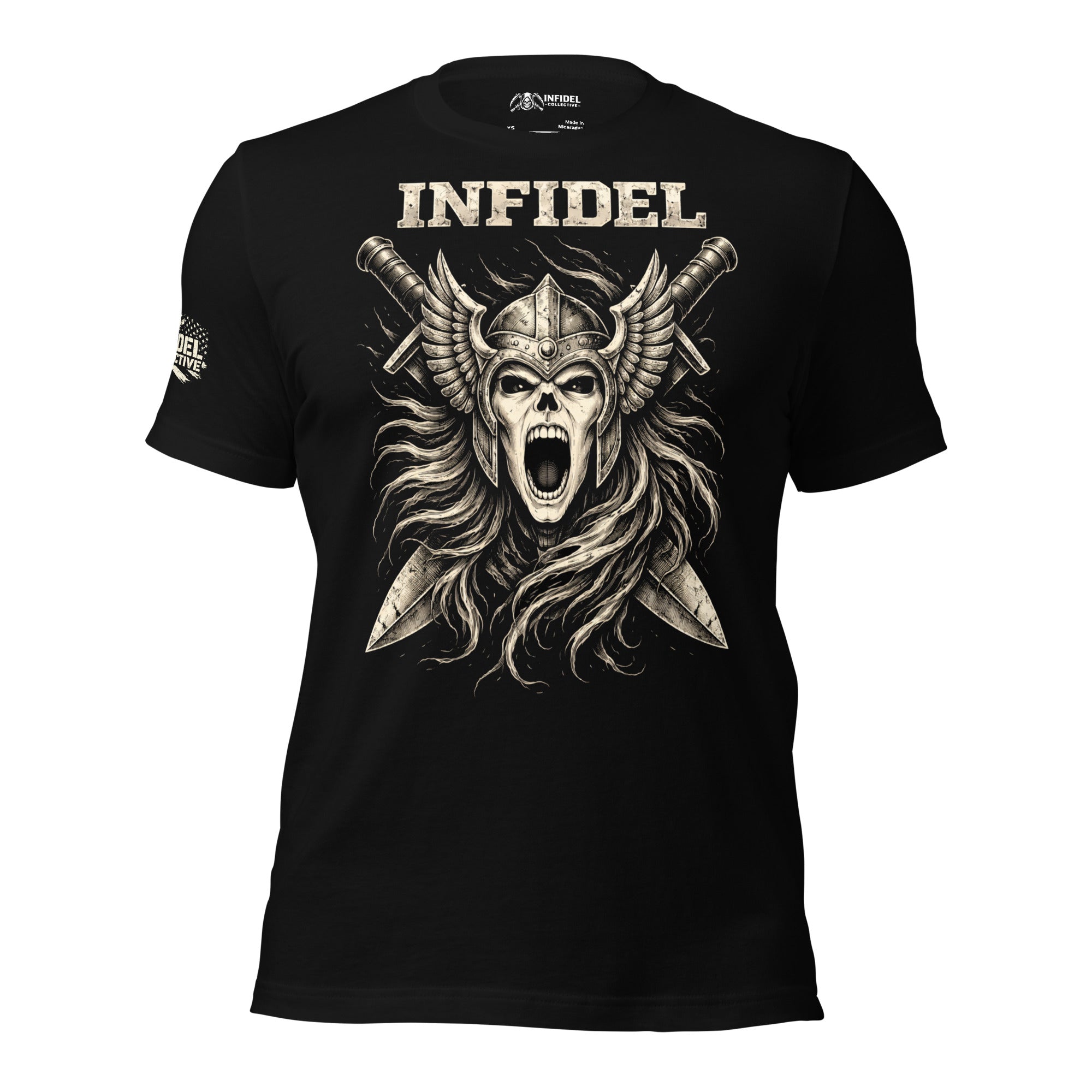 Black t-shirt with a graphic design of a skull wearing a helmet with swords and the word 'Infidel' on a white background.