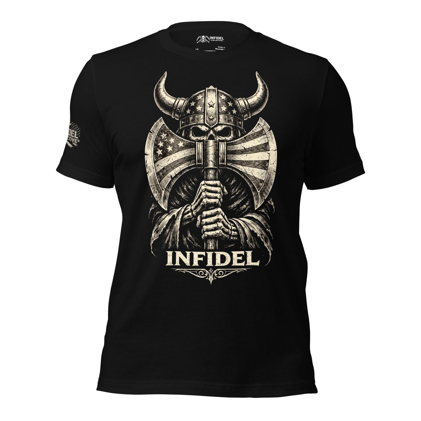 Black t-shirt with 'Infidel' graphic on a white background