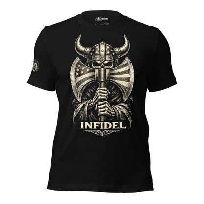 Black t-shirt with 'Infidel' graphic on a white background