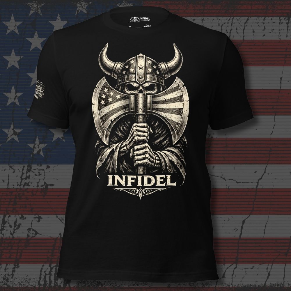 Black t-shirt with a graphic design of a helmeted warrior holding an axe, featuring the word 'INFIDEL', on an American flag background.