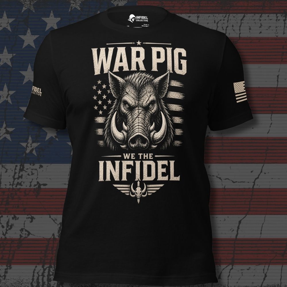 Infidel Collective black tee with boar, distressed stars and stripes, and “WAR PIG — WE THE INFIDEL” front graphic
