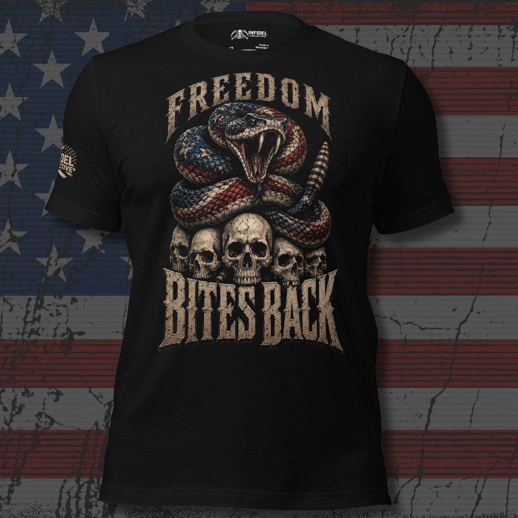 Black t-shirt with snake and skull design against an American flag background