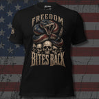 Black t-shirt with snake and skull design against an American flag background