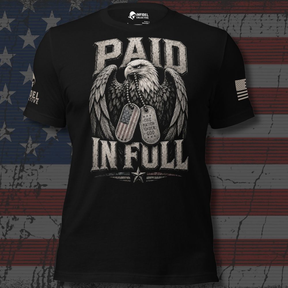 A Nation's Debt Paid in Full Tee, black tee, back view