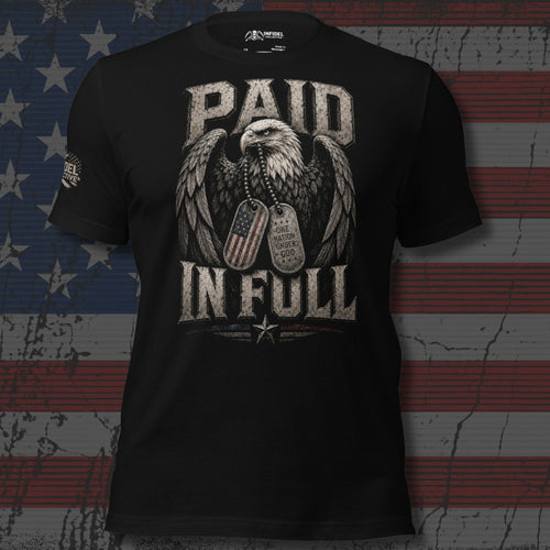 bald eagle and military dog tags with Paid in Full text front print black tee from Infidel Collective