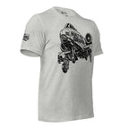 Gray t-shirt with black graphic design on a white background
