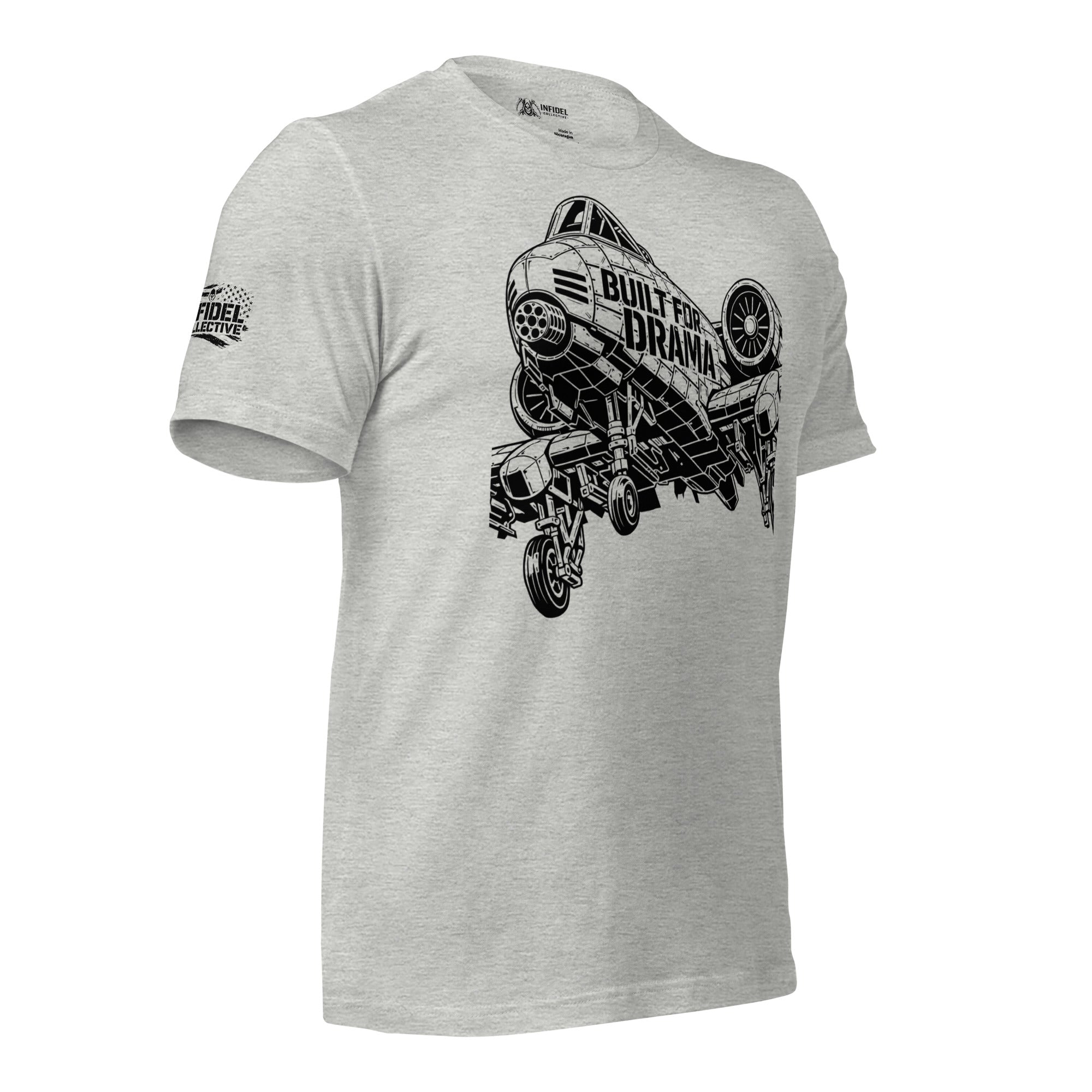 Gray t-shirt with black graphic design on a white background