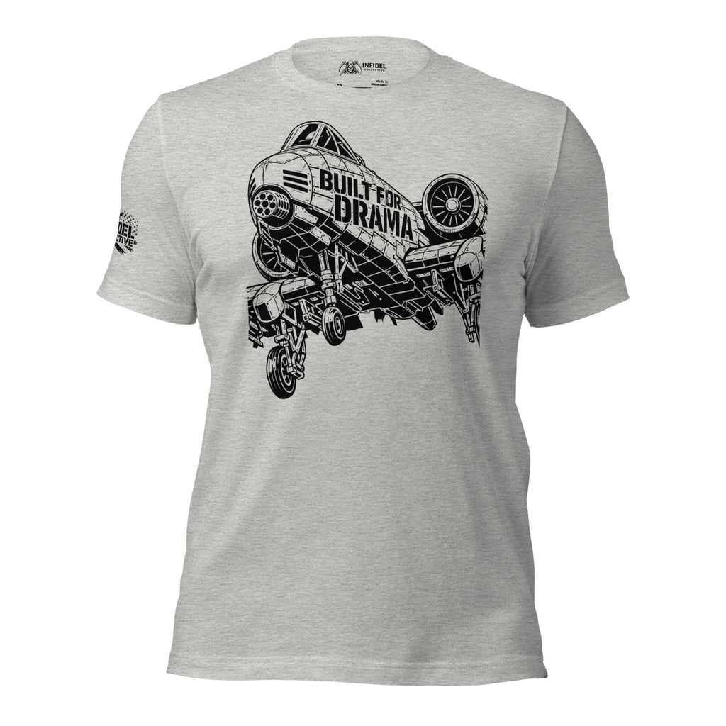Gray t-shirt with black graphic design of a car and 'Built for Drama' text on a white background