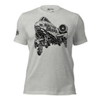 Gray t-shirt with black graphic design of a car and 'Built for Drama' text on a white background