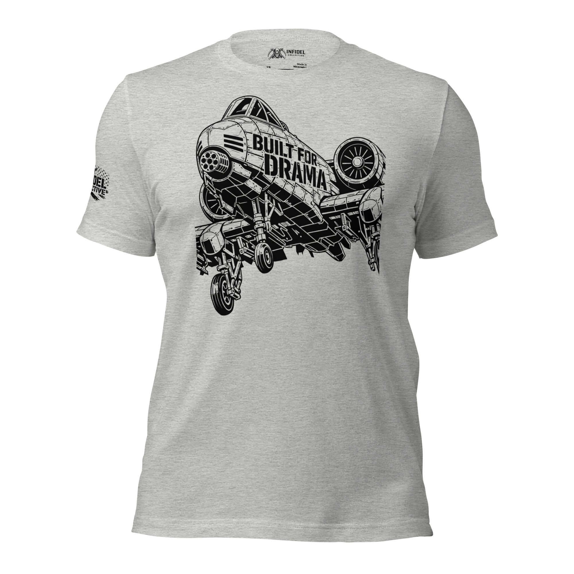 Gray t-shirt with black graphic design of a car and 'Built for Drama' text on a white background