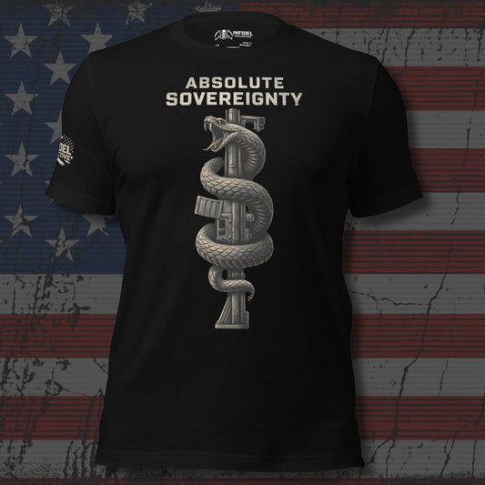 Black t-shirt with snake and staff graphic and 'Absolute Sovereignty' text on a distressed American flag background.