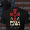 American Patriot red cross, skull, and firearms with Against All Schemes scripture design back print black tee from Infidel Collective